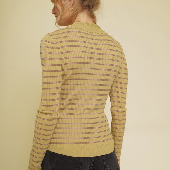 MYSTREE Striped Henley Ribbed Knit Top, Mustard Yellow Long Sleeve Polo Collar - Picture 3 of 4